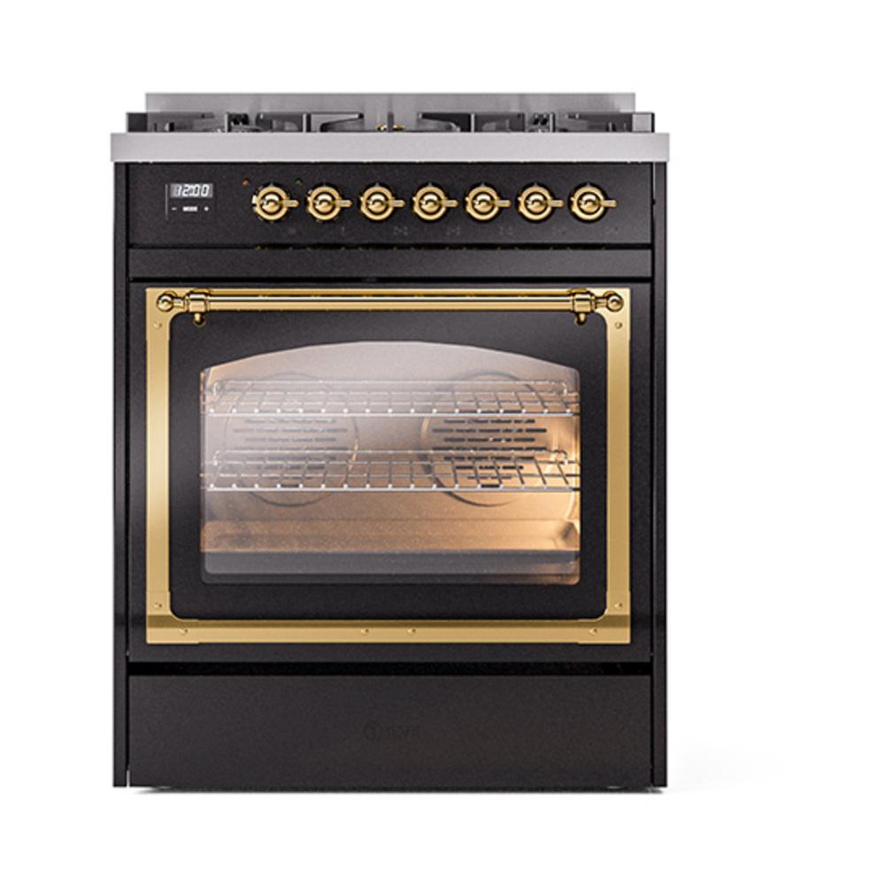 ILVE UN30NMPBKG Nostalgie II Noblesse 30 inch Dual Fuel Range (Natural Gas, Triple Glass Door, Glossy Black, Brass)
