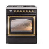 ILVE UN30NMPBKG Nostalgie II Noblesse 30 inch Dual Fuel Range (Natural Gas, Triple Glass Door, Glossy Black, Brass)