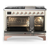 ILVE UM48FQNR3AWP Majestic III 48 inch Dual Fuel Range with 8 Burners and Griddle, Dual Function Burner up to 25,000 BTU (Natural Gas, Solid Door, Antique White, Copper)