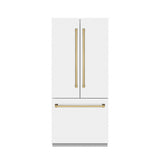 ZLINE Autograph Edition 36 in. 19.6 cu. ft. French Door Built-In Bottom Freezer Refrigerator with Water Dispenser and Ice Maker in White Matte with Graphite Gray Interior and Polished Gold Accents (GRBIVZ-WM-36-G)