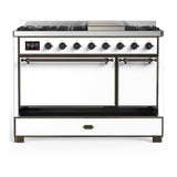 ILVE UM48FQNR3WHB Majestic III 48 inch Dual Fuel Range with 8 Burners and Griddle, Dual Function Burner up to 25,000 BTU (Natural Gas, Solid Door, White, Burnished)