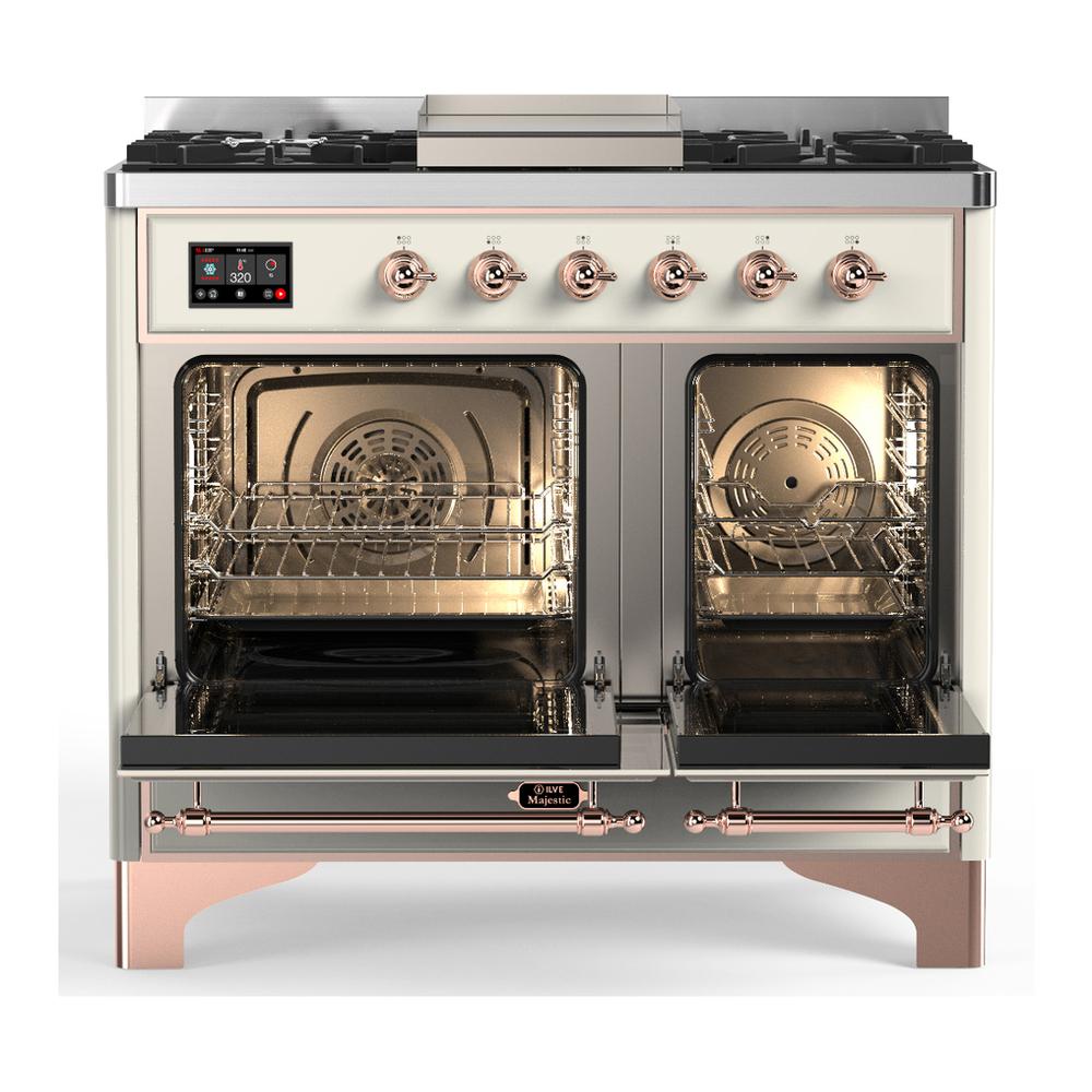 ILVE UMD40FQNR3AWP Majestic III 40 inch Dual Fuel Range with 6 Burners and Griddle, Dual Function Burner up to 25,000 BTU (Natural Gas, Solid Door, Antique White, Copper)