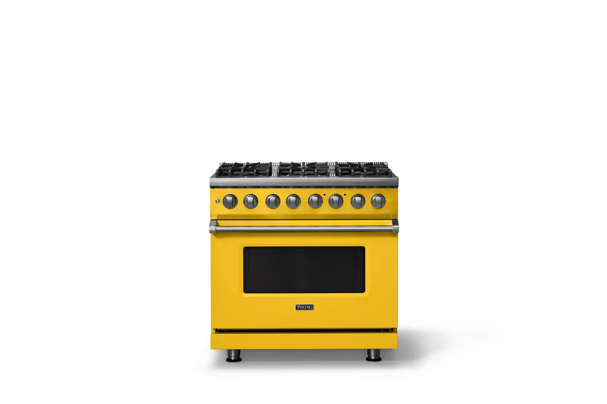 36"W. Dual Fuel Range (Burner: 6b, Finish: Daffodil, Trim: Polished Chrome, Fuel: Propane)