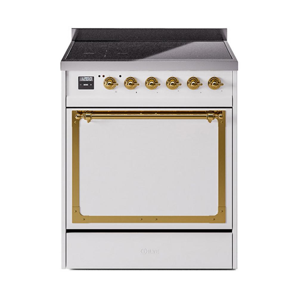 ILVE UNI304QNMPWHG Nostalgie II Noblesse 30 inch Induction Range (Solid Door, White, Brass)