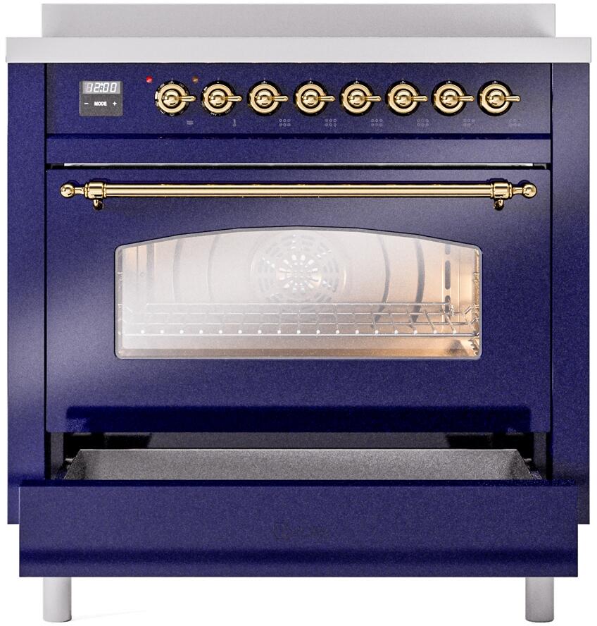 Nostalgie II 36 Inch Electric Freestanding Range in Blue with Brass Trim