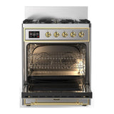 ILVE UM30NR3SSG Majestic III 30 inch Dual Fuel Range with 5 Black Brass Burners, Dual Function Burner up to 25,000 BTU (Natural Gas, Triple Glass Door, Stainless Steel, Brass)