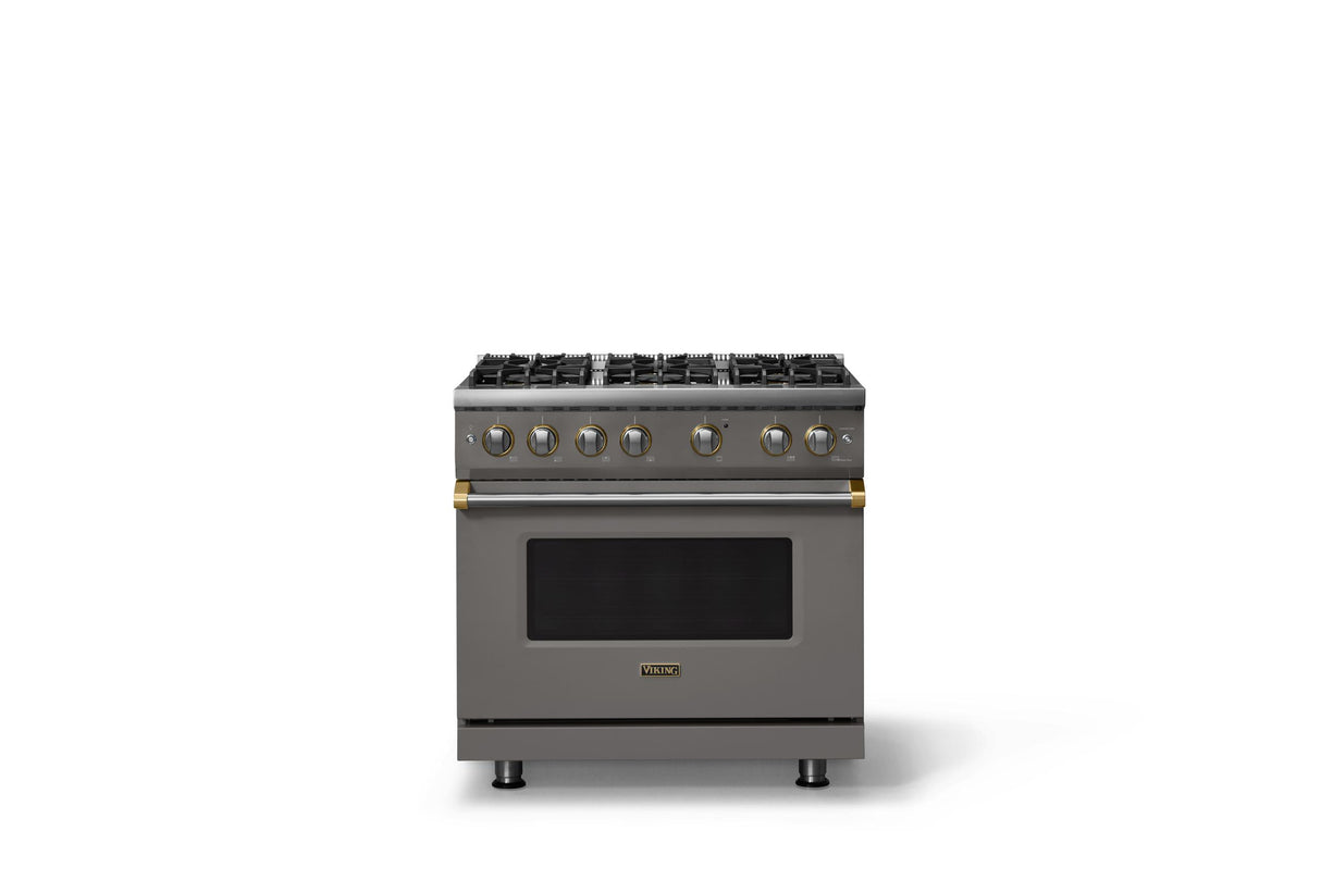 36"W. Sealed Burner Gas Range (Burner: 6b, Finish: Damascus Gray, Trim: Brushed Brass, Fuel: Propane)