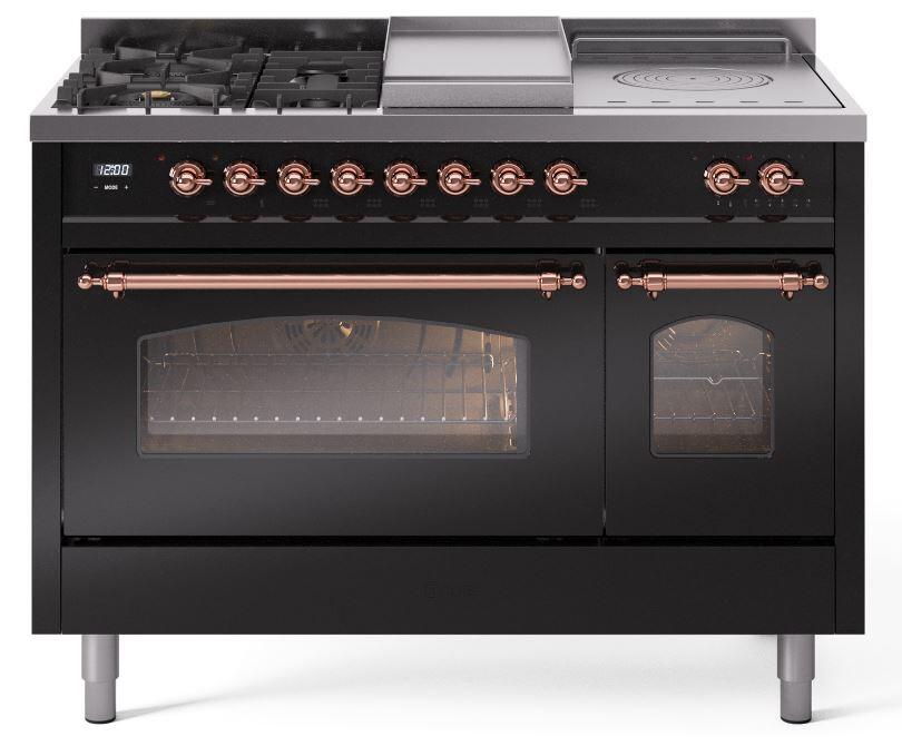 Nostalgie II 48 Inch Dual Fuel Liquid Propane Freestanding Range in Glossy Black with Copper Trim