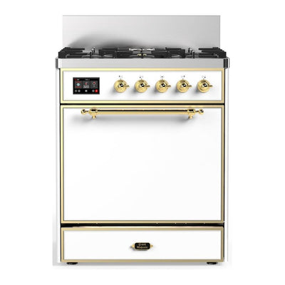 ILVE UM30QNR3WHGLP Majestic III 30 inch Dual Fuel Range with 5 Black Brass Burners, Dual Function Burner up to 25,000 BTU (Liquid Propane, Solid Door, White, Brass)
