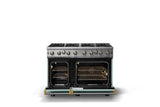 48"W. Open Burner Gas Range (Finish: Splash, Trim: Brushed Brass, Fuel: Natural Gas)