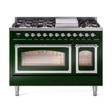 ILVE UN48FNMPEGC Nostalgie II Noblesse 48 inch Dual Fuel Range (8 Sealed Burners + Griddle, Natural Gas, Triple Glass Door, Emerald Green, Chrome)