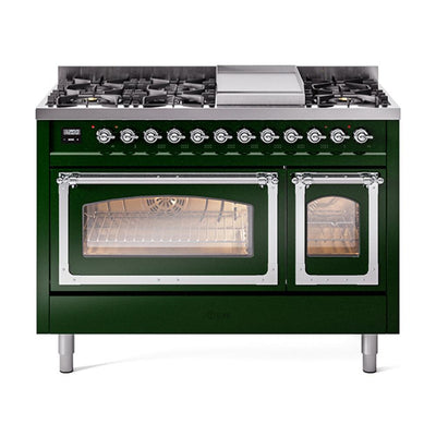 ILVE UN48FNMPEGC Nostalgie II Noblesse 48 inch Dual Fuel Range (8 Sealed Burners + Griddle, Natural Gas, Triple Glass Door, Emerald Green, Chrome)