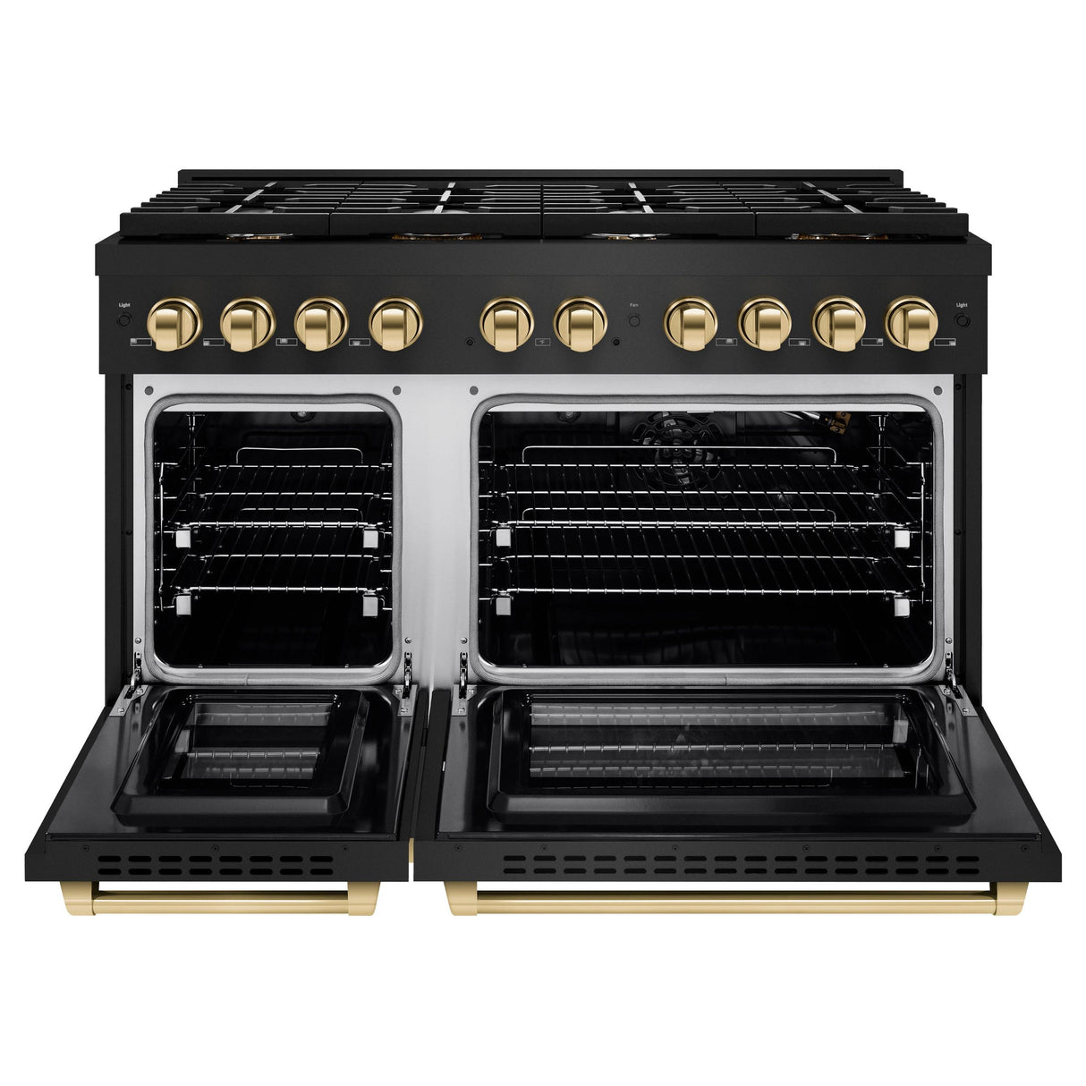 ZLINE Autograph Edition 48 in. 6.7 cu. ft. 8 Burner Double Oven Gas Range in Black Stainless Steel and Polished Gold Accents (SGRBZ-48-G)
