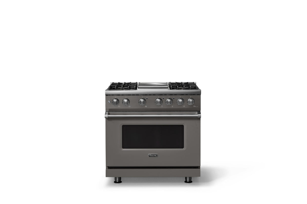 36"W. Dual Fuel Range (Burner: 4g, Finish: Damascus Gray, Trim: Polished Chrome, Fuel: Natural Gas)