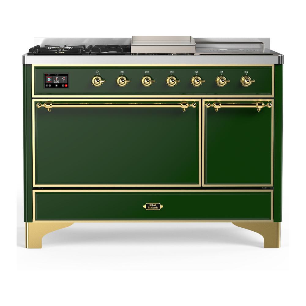 ILVE UM48FSQNR3EGG Majestic III 48 inch Dual Fuel Range with 5 Black Brass Burners, Griddle and French Top, Dual Function Burner up to 25,000 BTU (Natural Gas, Solid Door, Emerald Green, Brass)