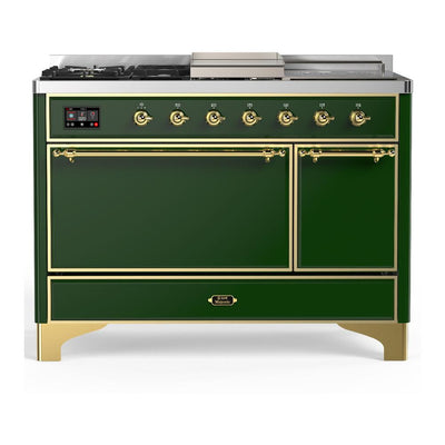 ILVE UM48FSQNR3EGG Majestic III 48 inch Dual Fuel Range with 5 Black Brass Burners, Griddle and French Top, Dual Function Burner up to 25,000 BTU (Natural Gas, Solid Door, Emerald Green, Brass)