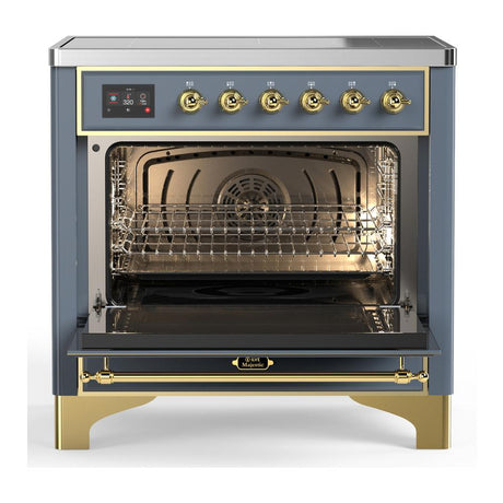 ILVE UMIB36QNR3BGG Majestic III 36 inch Induction Range with 6 Elements, 3.5 cu. ft. Total Oven Capacity (Solid Door, Blue Grey, Brass)
