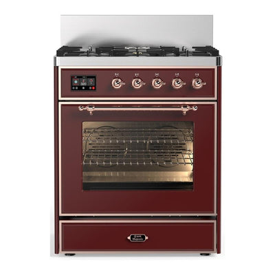 ILVE UM30NR3BUP Majestic III 30 inch Dual Fuel Range with 5 Black Brass Burners, Dual Function Burner up to 25,000 BTU (Natural Gas, Triple Glass Door, Burgundy, Copper)