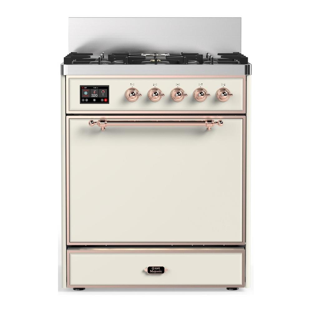 ILVE UM30QNR3AWPLP Majestic III 30 inch Dual Fuel Range with 5 Black Brass Burners, Dual Function Burner up to 25,000 BTU (Liquid Propane, Solid Door, Antique White, Copper)