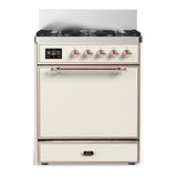 ILVE UM30QNR3AWPLP Majestic III 30 inch Dual Fuel Range with 5 Black Brass Burners, Dual Function Burner up to 25,000 BTU (Liquid Propane, Solid Door, Antique White, Copper)