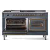 ILVE UN60FSNMPBGG Nostalgie II Noblesse 60 inch Dual Fuel Range (7 Sealed Burners + Griddle + French Top, Natural Gas, Triple Glass Door, Blue Grey, Brass)