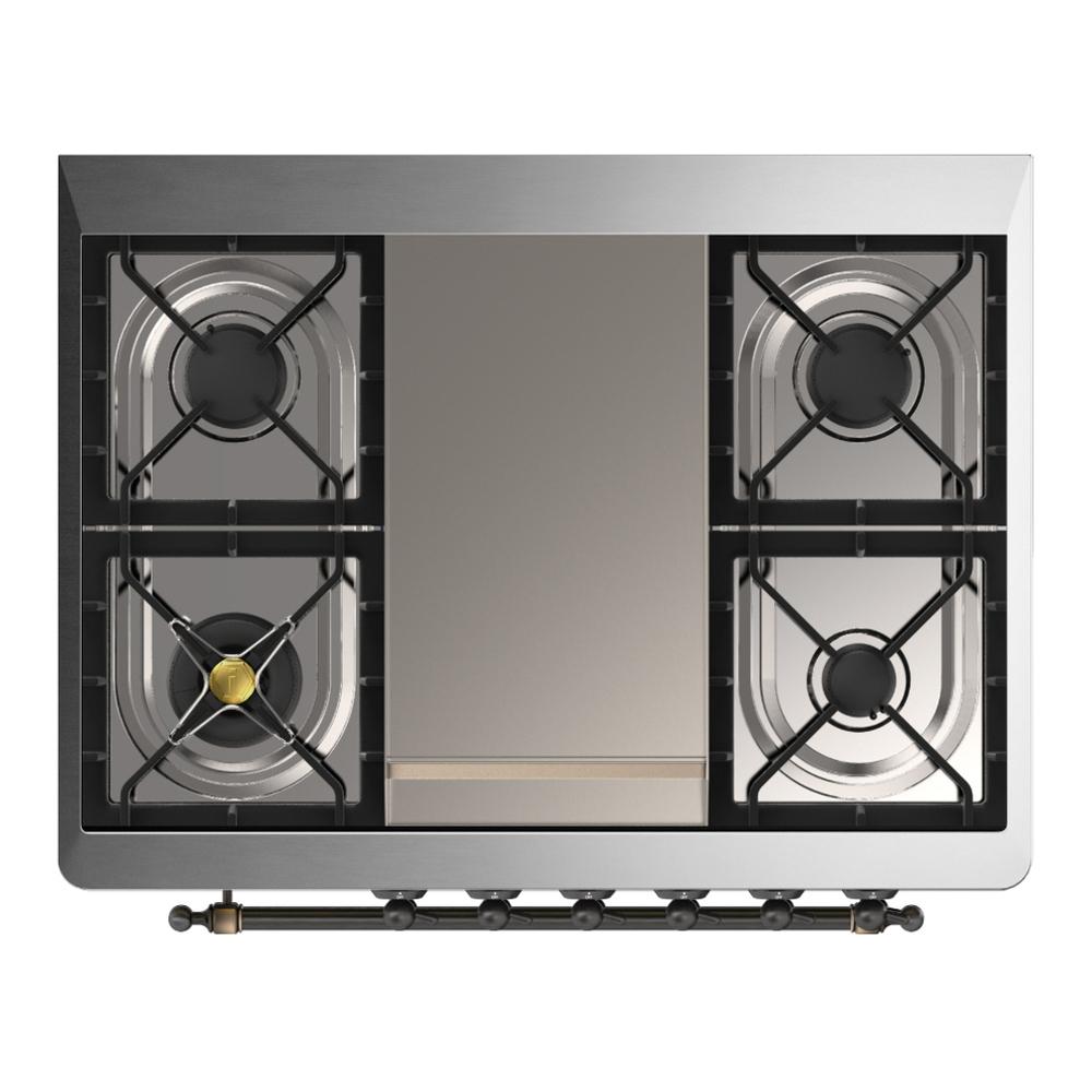ILVE UM36FNR3SSBLP Majestic III 36 inch Dual Fuel Range with 6 Black Brass Burners and Griddle, Dual Function Burner up to 25,000 BTU (Triple Glass Door, Stainless Steel, Burnished, Liquid Propane)