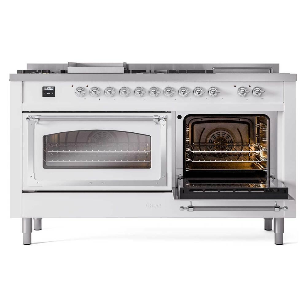 ILVE UN60FSNMPRACLP Nostalgie II Noblesse 60 inch Dual Fuel Range (7 Sealed Burners + Griddle + French Top, Liquid Propane, Triple Glass Door, RAL, Chrome)