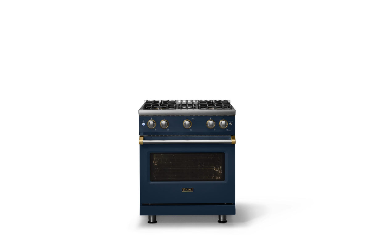 30"W. Sealed Burner Gas Range (Finish: Slate Blue, Trim: Brushed Brass, Fuel: Propane)
