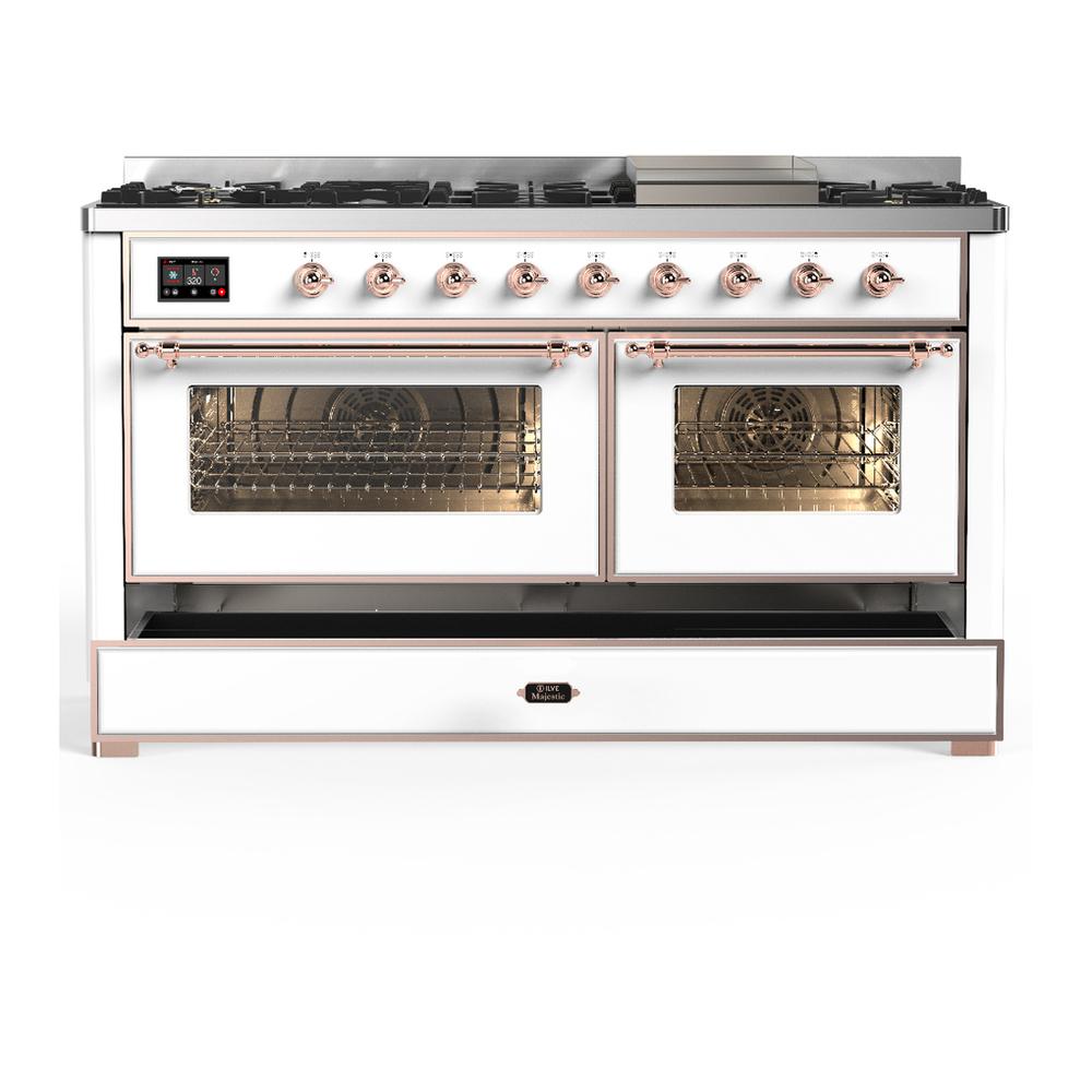 ILVE UM60FNR3WHPLP Majestic III 60 inch Dual Fuel Range with 9 Burners and Griddle, Dual Function Burner up to 25,000 BTU (Liquid Propane, Triple Glass Door, White, Copper)