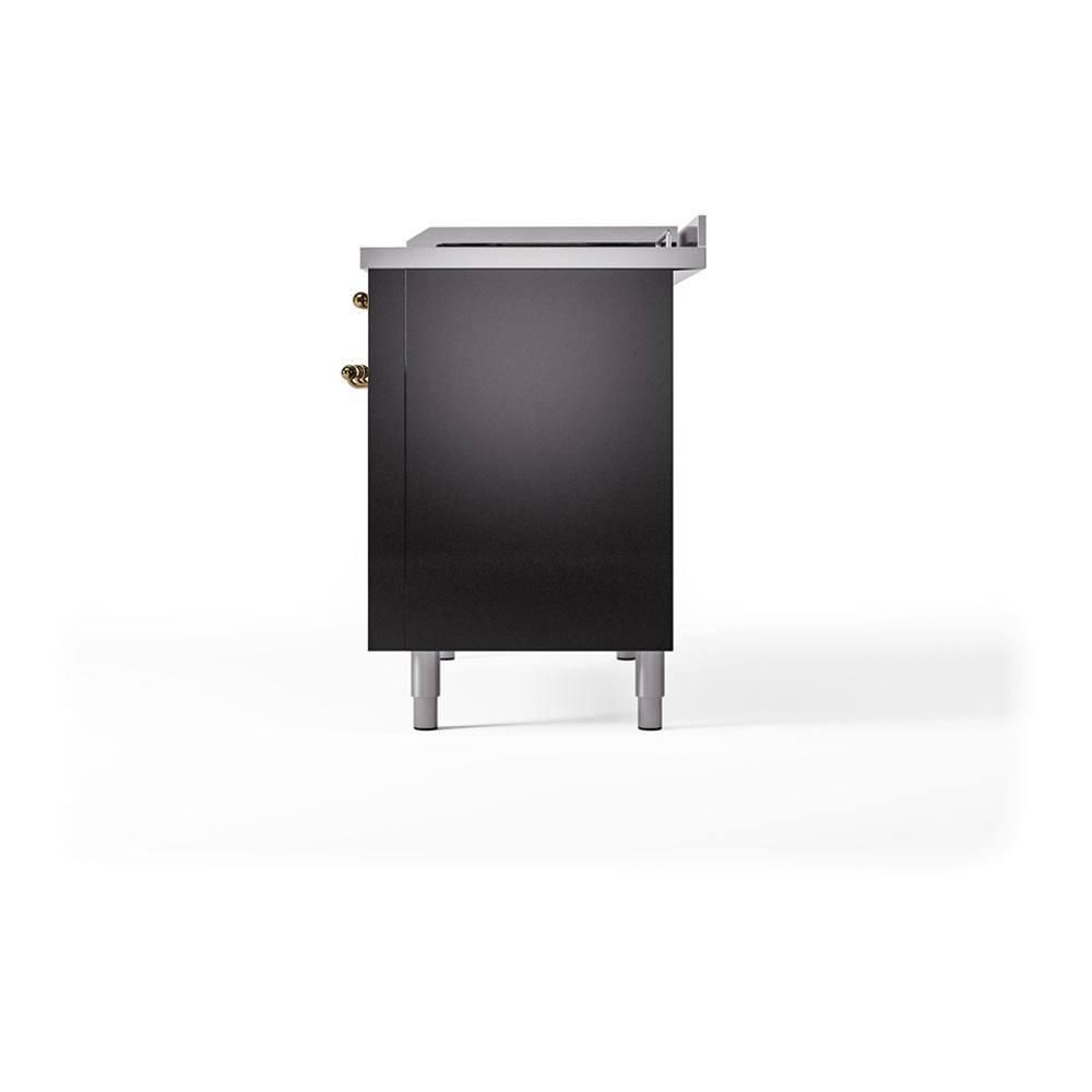 ILVE UN48FSQNMPBKGLP Nostalgie II Noblesse 48 inch Dual Fuel Range (5 Sealed Burners + Griddle + French Top, Liquid Propane, Solid Door, Glossy Black, Brass)