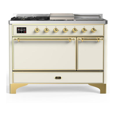 ILVE UM48FSQNR3AWGLP Majestic III 48 inch Dual Fuel Range with 5 Black Brass Burners, Griddle and French Top, Dual Function Burner up to 25,000 BTU (Liquid Propane, Solid Door, Antique White, Brass)
