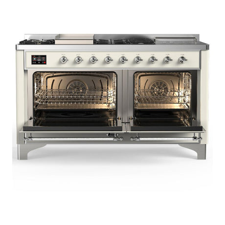 ILVE UM60FSQNR3AWCLP Majestic III 60 inch Dual Fuel Range with 7 Burners, Griddle and French Top, Dual Function Burner with up to 25,000 BTU (Liquid Propane, Solid Door, Antique White, Chrome)