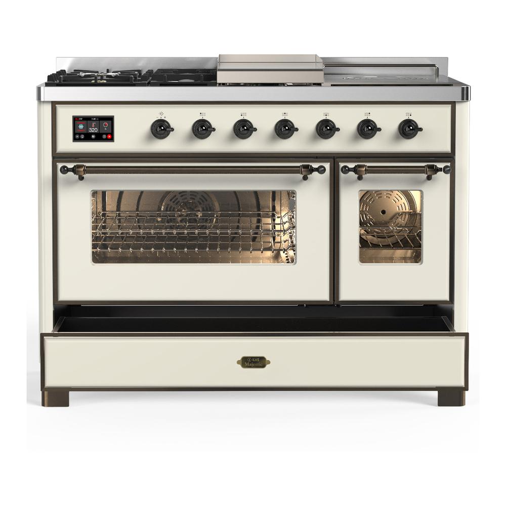 ILVE UM48FSNR3AWB Majestic III 48 inch Dual Fuel Range with 5 Black Brass Burners, Griddle and French Top, Dual Function Burner up to 25,000 BTU (Natural Gas, Triple Glass Door, Antique White, Burnished)
