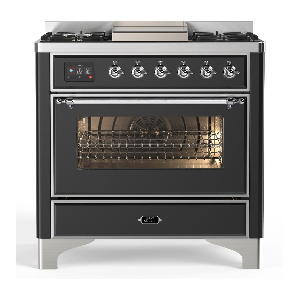 ILVE UM36FNR3MGC Majestic III 36 inch Dual Fuel Range with 6 Black Brass Burners and Griddle, Dual Function Burner up to 25,000 BTU (Triple Glass Door, Graphite Matte, Chrome, Natural Gas)