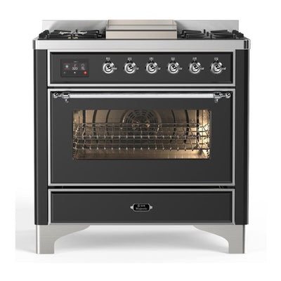 ILVE UM36FNR3MGC Majestic III 36 inch Dual Fuel Range with 6 Black Brass Burners and Griddle, Dual Function Burner up to 25,000 BTU (Triple Glass Door, Graphite Matte, Chrome, Natural Gas)