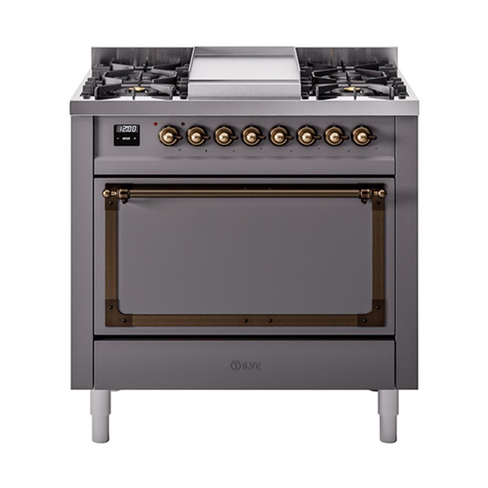 ILVE UN36FQNMPMGB Nostalgie II Noblesse 36 inch Dual Fuel Range (Natural Gas, Solid Door, Graphite Matte, Burnished)