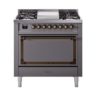 ILVE UN36FQNMPMGB Nostalgie II Noblesse 36 inch Dual Fuel Range (Natural Gas, Solid Door, Graphite Matte, Burnished)