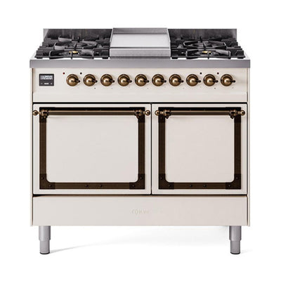 ILVE UND40FQNMPAWBLP Nostalgie II Noblesse 40 inch Dual Fuel Range (Liquid Propane, Solid Door, Antique White, Burnished)
