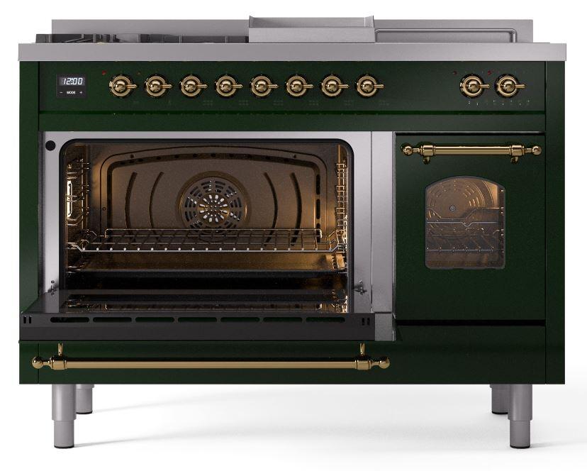 Nostalgie II 48 Inch Dual Fuel Liquid Propane Freestanding Range in Emerald Green with Brass Trim