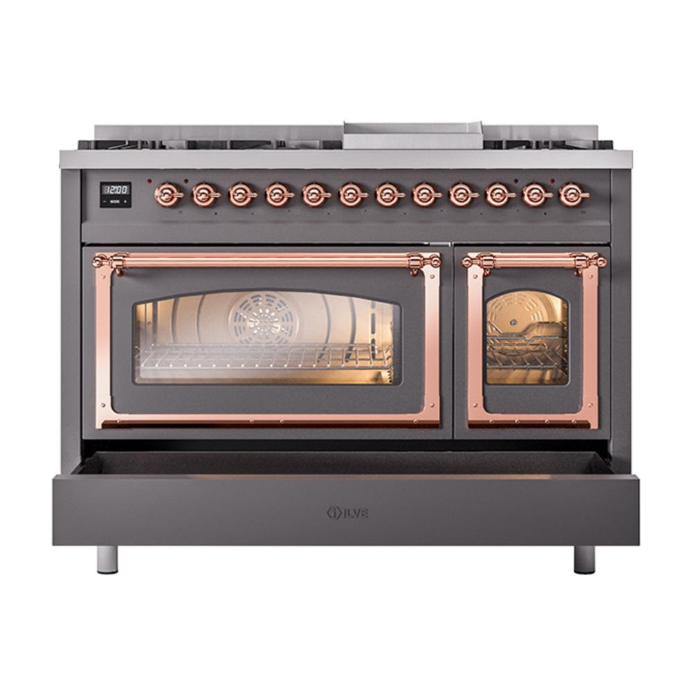 ILVE UN48FNMPMGP Nostalgie II Noblesse 48 inch Dual Fuel Range (8 Sealed Burners + Griddle, Natural Gas, Triple Glass Door, Graphite Matte, Copper)