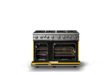 48"W. Open Burner Gas Range (Finish: Daffodil, Trim: Brushed Brass, Fuel: Natural Gas)