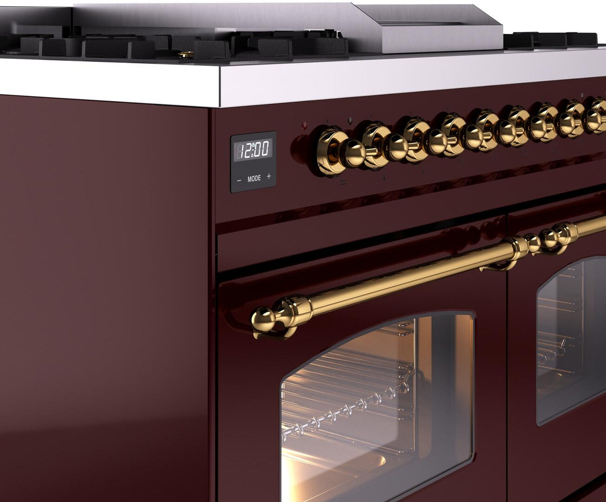 Nostalgie II 40 Inch Dual Fuel Natural Gas Freestanding Range in Burgundy with Brass Trim