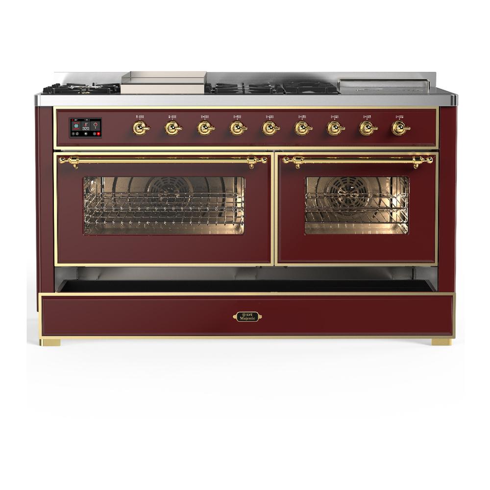 ILVE UM60FSNR3BUG Majestic III 60 inch Dual Fuel Range with 7 Burners, Griddle and French Top, Dual Function Burner with up to 25,000 BTU (Natural Gas, Triple Glass Door, Burgundy, Brass)