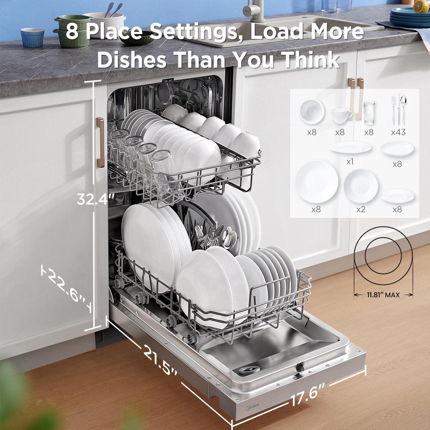 Midea 18" Front Control Dishwasher with Heated Dry