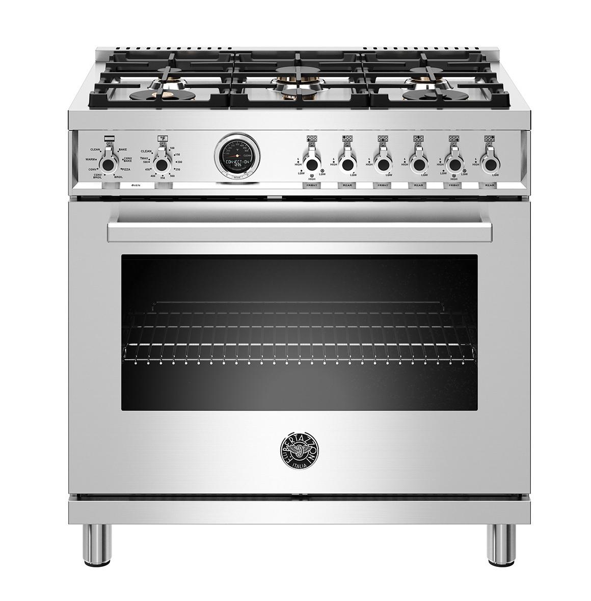 36 inch Dual Fuel Range, 6 Brass Burner, Electric Self-Clean Oven Stainless Steel