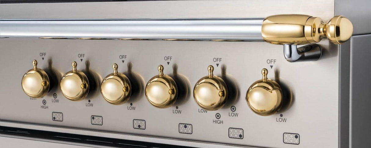 48 inch Induction Range, 6 Heating Zones and Cast Iron Griddle, Electric Self-Clean Oven - Gold Accents Stainless Steel