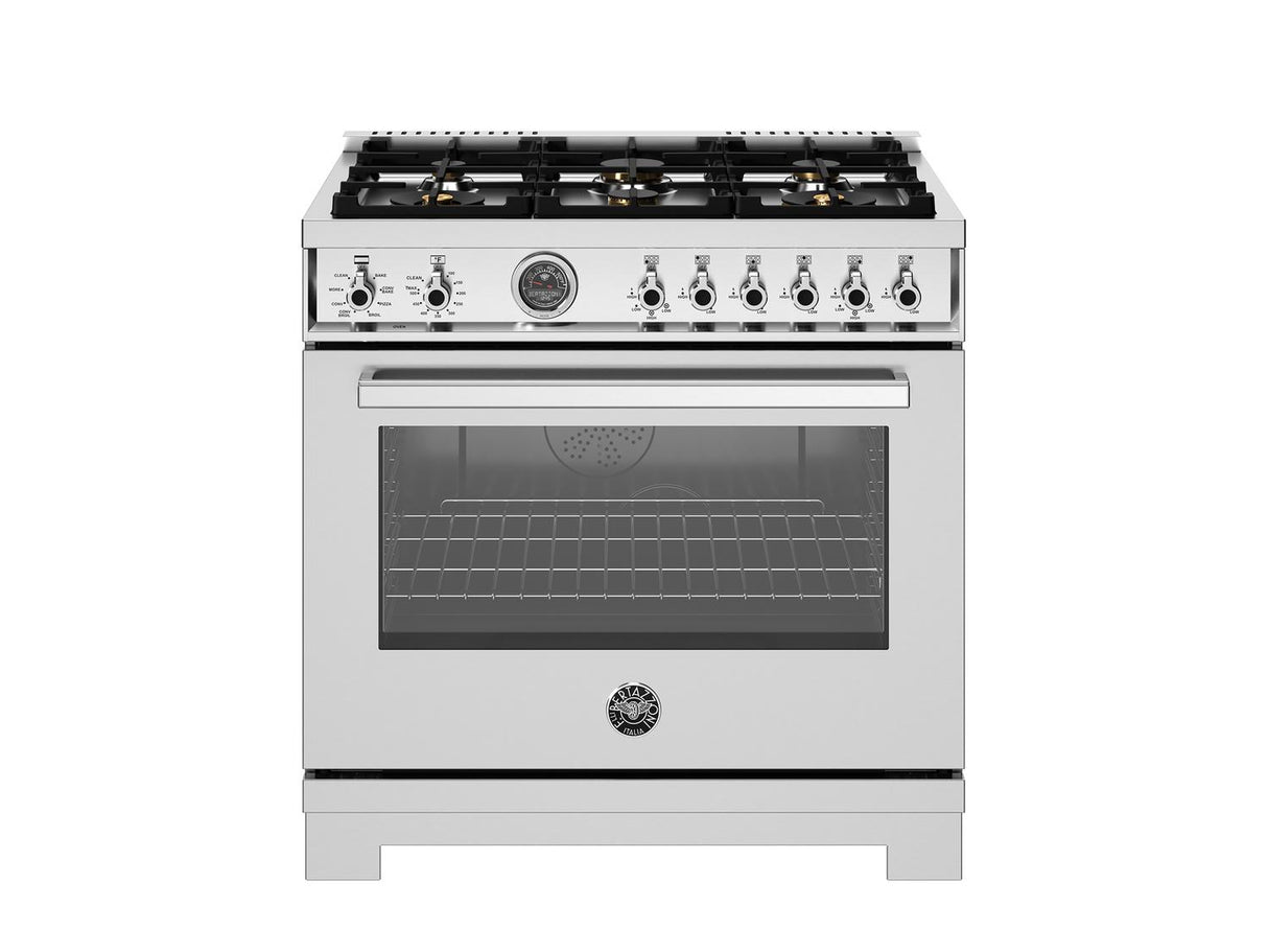 36 inch Dual Fuel Range, 6 Brass Burners and Cast Iron Griddle, Electric Self-Clean Oven Stainless Steel