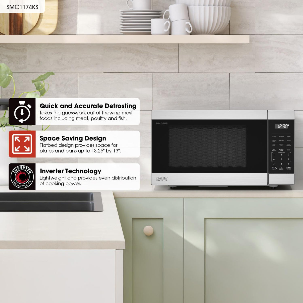 Sharp 1.1 cu. ft. 1100W Flatbed Countertop Microwave Oven with Inverter Technology