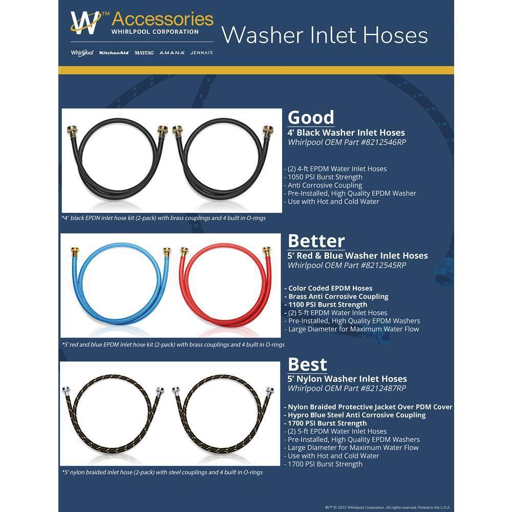 5' Rubber washer fill hoses rated 1000 PSI with 2 female connections and built-in O-Rings - 2 pack