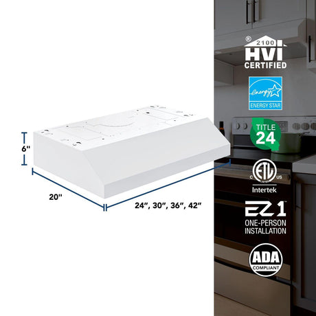 Glacier 42-Inch 350 MAX Blower CFM 1.5 Sones White Range Hood